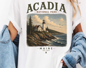 Shirt Acadia National Park, vintage Maine Lighthouse grafisch T-shirt, kust oceaan natuur reizen shirt, retro wandelen buiten T-shirt