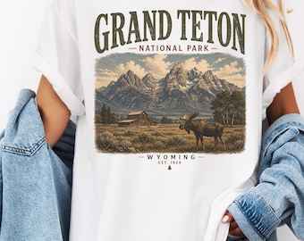 Shirt Grand Teton National Park, vintage Wyoming Mountain Nature grafisch T-shirt, retro wandelen kamperen avontuur reizen T-shirt
