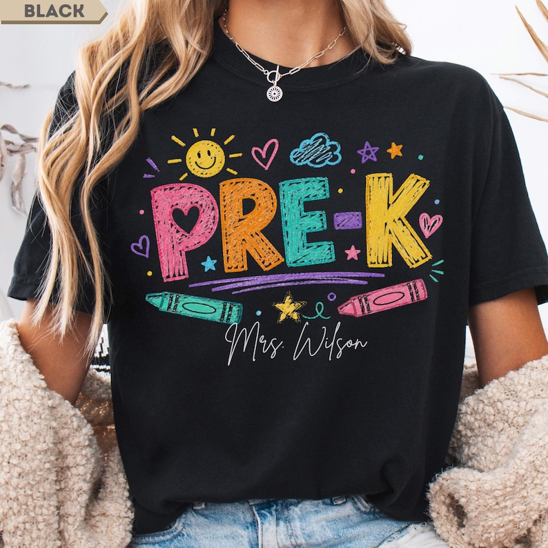 Personalized Pre-K Teacher Shirt, Doodle Crayon Design, Back To School Tee image 5