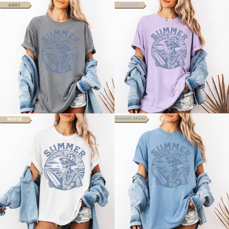 May include: Four t-shirts in grey, orchid, white, and washed denim. Each shirt features a circular graphic with the text "Summer Time" and a skeleton surfer design. The shirts have rolled sleeves and are paired with denim jackets.