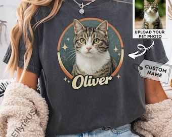 Personalized Cat Photo Shirt Comfort Colors 1717 Custom Pet Portrait Vintage Washed Garment Dyed Relaxed Fit Tee Cat Lover Gift Cat Mom