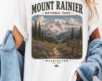 Mount Rainier National Park Shirt, Vintage Washington Mountain Wildflower Graphic Tee, Retro Hiking Camping Nature T-Shirt