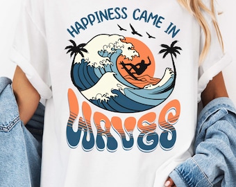 Geluk kwam in golven shirt, retro strandvakantie T-shirt, vintage kustsurf grafisch shirt, oceaanliefhebber zomer strand esthetische tee cadeau