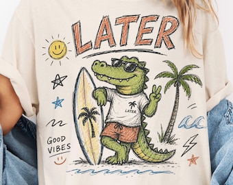 Later Gator Shirt, schattig strand alligator T-shirt, retro zomer grafische tshirt, grappig kustvakantie shirt, vintage surf krokodil T-shirt