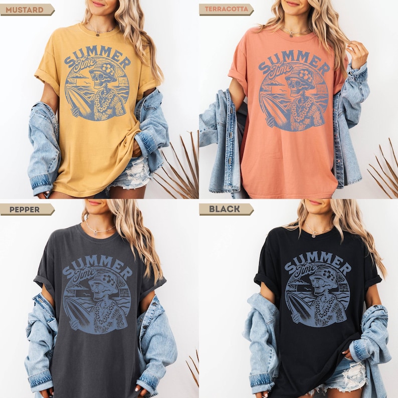 May include: Four t-shirts in mustard, terracotta, pepper, and black. Each shirt features a blue graphic with the words "Summer Time" around a skeleton with a surfboard. The shirts have rolled-up sleeves.