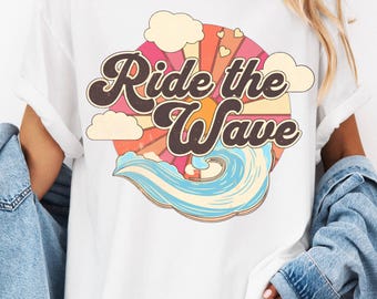 Shirt Ride The Wave, retro strandvakantie T-shirt, vintage grafisch shirt Coastal Surf, Ocean Love Summer Esthetic Beach Tee cadeau