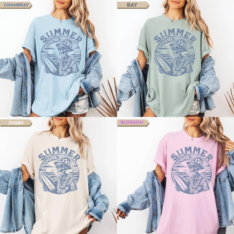 May include: Four t-shirts in different colors: light blue, green, ivory, and pink. Each shirt features a circular graphic with the words "Summer Time" and a skeleton with a surfboard. The shirts are casual and have rolled-up sleeves.