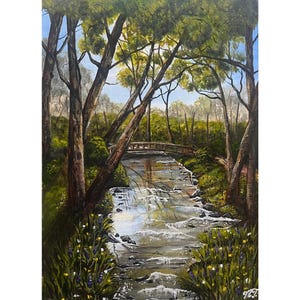 May include: Oil painting depicting a tranquil forest landscape. A stream runs through the middle, beneath a small wooden bridge. Towering trees border the water, with vibrant green foliage and a glimpse of blue sky. The artwork is signed in the bottom right corner.
