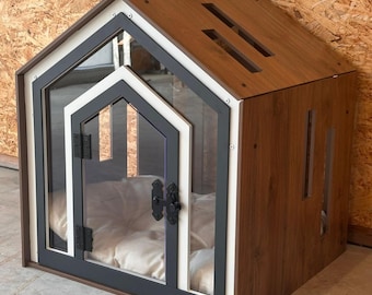 Cuccia per cani di lusso da interno, moderno mobile per gabbia per cani, box per cani in legno, grotta per cani di design con cuscino, realizzata a mano
