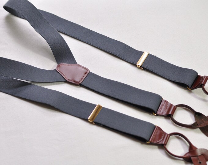 Vintage Mens Suspenders Button on Mid Grey With Dark Brown Etsy