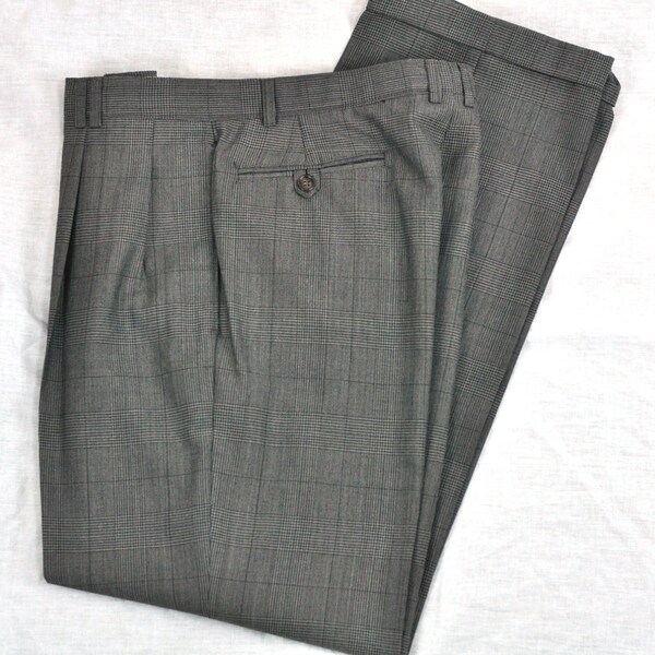 Mens Dress Pants Wool Blend Size Waist 32 Pleated Mens Trousers Black & Gray w/ Teal Plaid