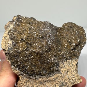 以下が含まれることがあります： 金属光沢のある反射面を持つ、暗い茶緑色の結晶クラスターを特徴とする未加工の鉱物標本。上部は小さなきらめく結晶で密集しており、基部は明るいベージュ色の岩石で構成されています。