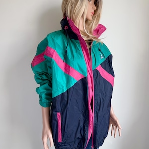 Vintage 80s/90s Colorblock Windbreaker Jacket Teal Navy Pink Accents Unisex (EU XL/XXL)