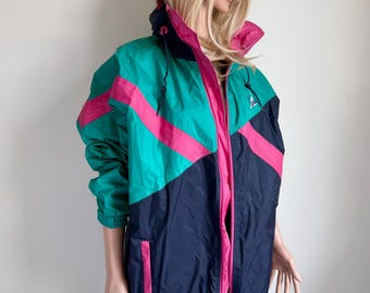 Vintage 80s/90s Colorblock Windbreaker Jacket Teal Navy Pink Accents Unisex (EU XL/XXL)