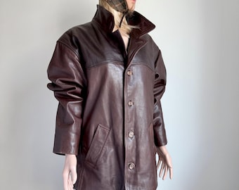Vintage Brown Genuine Leather Jacket, Unisex Long Fit, Size 46