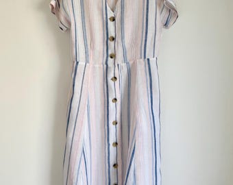 Striped Linen Midi Dress, Vintage Style Button Front Cottagecore Summer XL