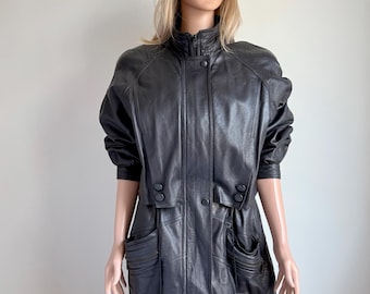 Vintage Black Purple Genuine Leather Knee-Length Coat, Adjustable Waist, Size M-XL