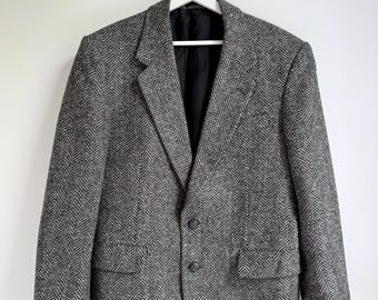 Vintage 100% Wool Blazer – Grey Herringbone Tailored Coat (EU M / Women’s L)