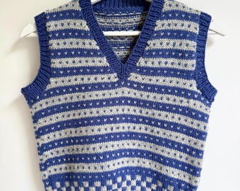 Handgefertigte Blau Graue Fair Isle Wolle Kinder Pullover Weste (EU 128/134)