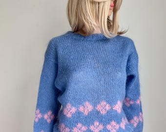 Hand Knitted Italian Kid Mohair Sweater in Blue, 4 Strand Fluffy