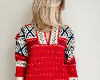 Ręcznie robiony wełniany sweter w stylu nordyckim – sweter vintage Fair Isle Knit Jumper