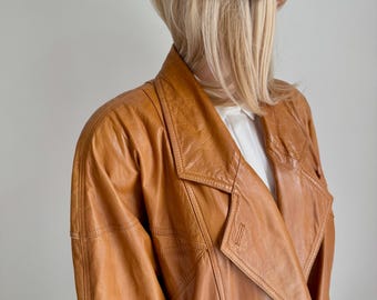 Vintage Lambertazzi Cognac Leather Coat Jacket Oversize Size 40 Soft Lightweight Genuine Leather