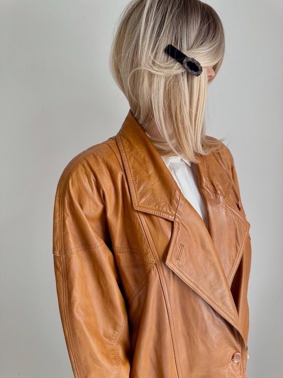 Vintage Lambertazzi Cognac Leather Coat Jacket Oversize Size 40 Soft Lightweight Genuine Leather