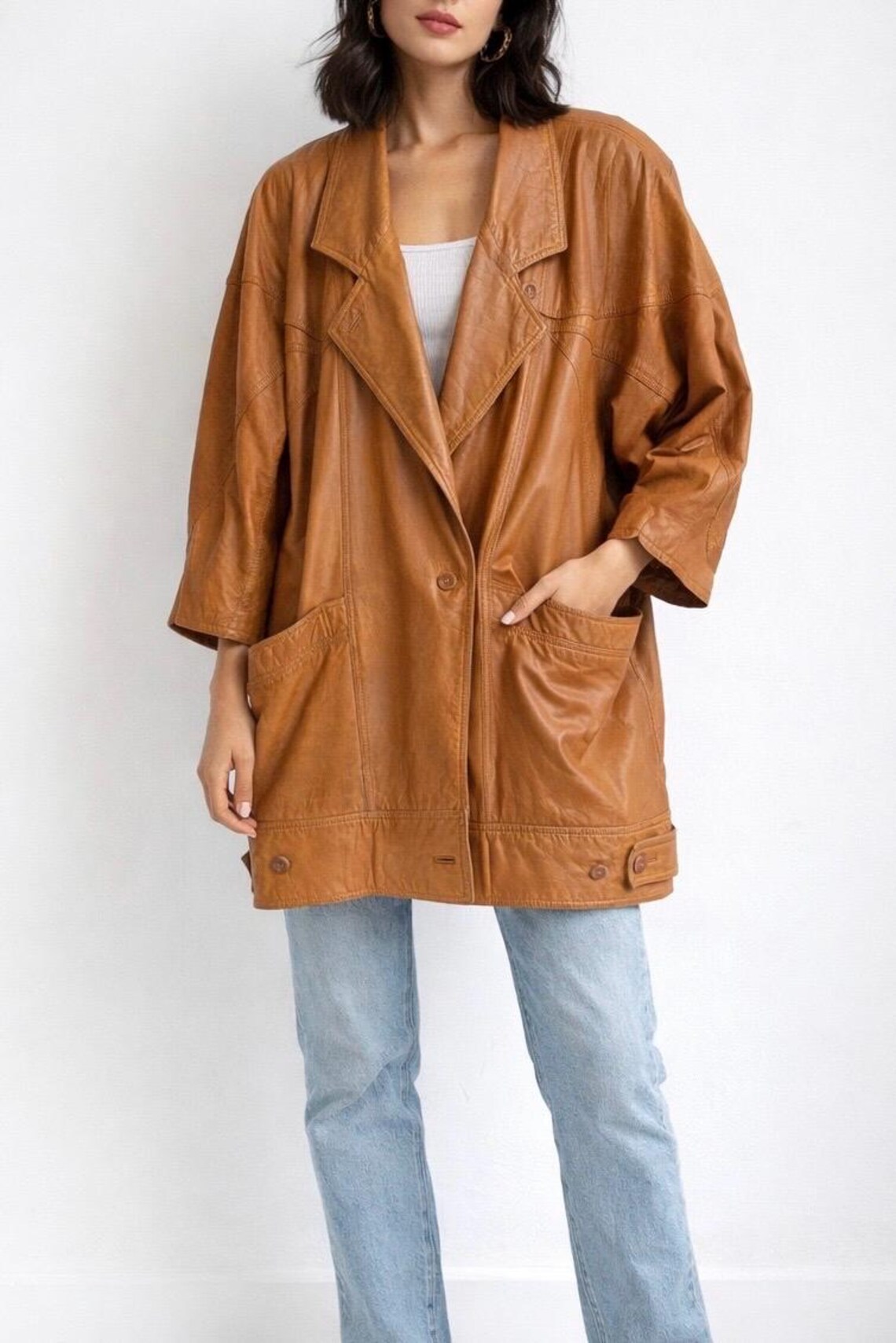 Vintage Lambertazzi Cognac Leather Coat Jacket Oversize Size 40 Soft Lightweight Genuine Leather, photo 2 of 5