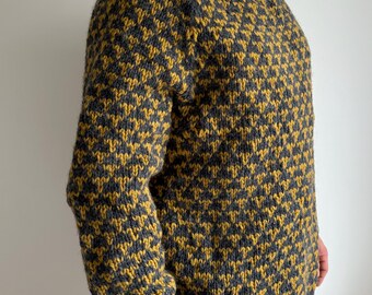 Handmade Vintage Wool Blend Sweater – Chunky Knit, Gray & Mustard, Oversized, Cozy Winter Jumper