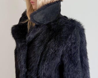 Vintage Black Suede Coat, Faux Fur Trim - Long Winter Overcoat Size S