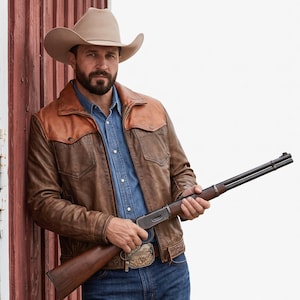 May include: A beige cowboy hat, a brown leather jacket with a tan yoke, a blue denim button-down shirt, blue jeans, and a large metallic belt buckle. A lever-action rifle with a wooden stock and a dark metal barrel is held horizontally.