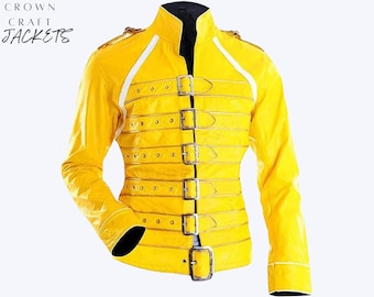 Giacca Freddie Mercury in edizione limitata - Giacca da motociclista in pelle gialla Queen Wembley Concert Cosplay