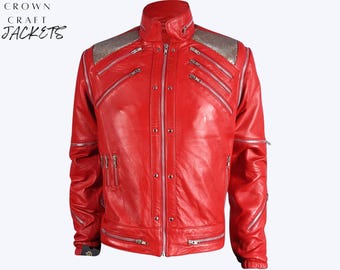 Premium Michael Jackson Beat It Jacket – Red Biker Style MJ Leather Costume for Men | Concert Cosplay