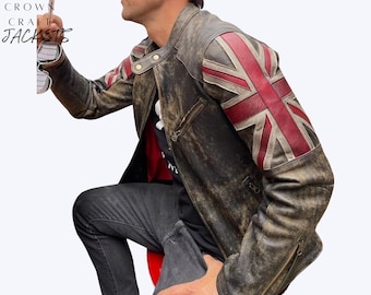 Chaqueta de motorista Union Jack de edición limitada: abrigo de cuero auténtico vintage desgastado para hombre, estilo corredor de motociclistas con la bandera del Reino Unido.