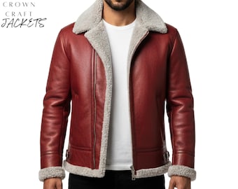 Handmade Red Shearling Aviator Jacket – Sheepskin Santa Claus Bomber Jacket for Men and Women, Christmas Winter Leather Flight Style