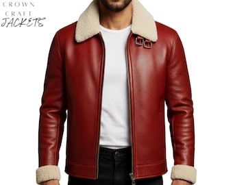 Mens Santa Inspired Lambskin Shearling Christmas Jacket – Red Festive Winter Leather Jacket, Holiday Santa Costume Style Outerwear