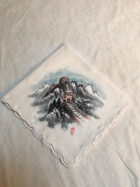 Vintage  Chinese print silk handkerchief