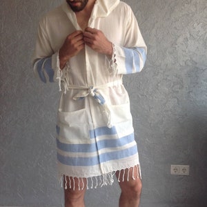 Turkish towel robe, unisex, man bathrobe, Ecofriendly, Woman bathrobe, Turkish Cotton robe, Bathrobe for Him, Christmas gift , light blue image 1