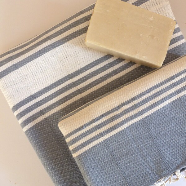 Mother's Day Gift Set, Turkish Bath and Head Towel Set, Peshtemal, Natural Soft Cotton, Hammam, spa, yoga, bathroom, Gray-Blue