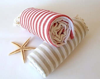 SALE, Set of 2 Turkish Towel, Peshtemal, Bath towel, Beach towel, Hammam towel, Spa Towel, yoga, Light Brown and Red , Christmas gift