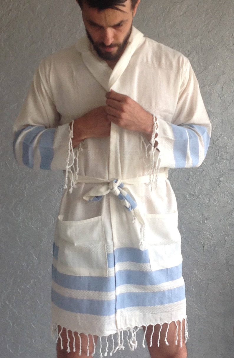 Turkish towel robe, unisex, man bathrobe, Ecofriendly, Woman bathrobe, Turkish Cotton robe, Bathrobe for Him, Christmas gift , light blue image 2