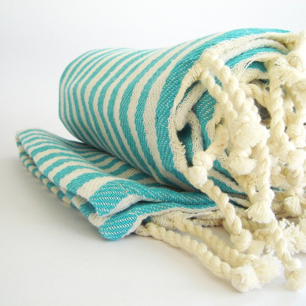 Turkish Bath Towel : Peshtemal, Eco-friendly, Beach, Spa Towel, Aqua Striped