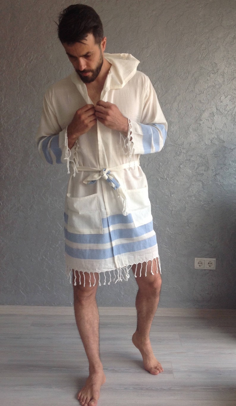 Turkish towel robe, unisex, man bathrobe, Ecofriendly, Woman bathrobe, Turkish Cotton robe, Bathrobe for Him, Christmas gift , light blue image 1