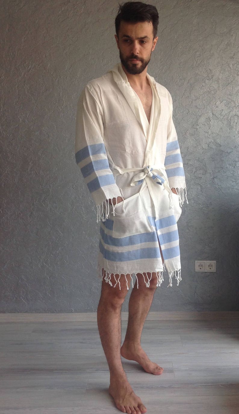 Turkish towel robe, unisex, man bathrobe, Ecofriendly, Woman bathrobe, Turkish Cotton robe, Bathrobe for Him, Christmas gift , light blue image 3