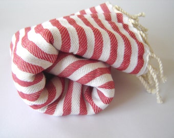 Turkish Towel, Peshtemal, Light and Thin Bath, Beach, Spa Towel, Red Striped , Christmas gift