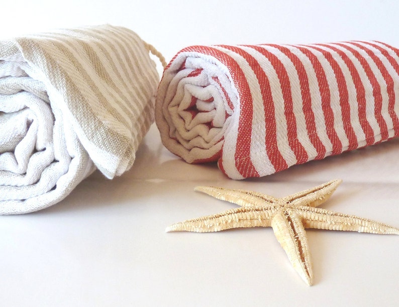 SALE, Set of 2 Turkish Towel, Peshtemal, Bath towel, Beach towel, Hammam towel, Spa Towel, yoga, Light Brown and Red , Christmas gift image 2