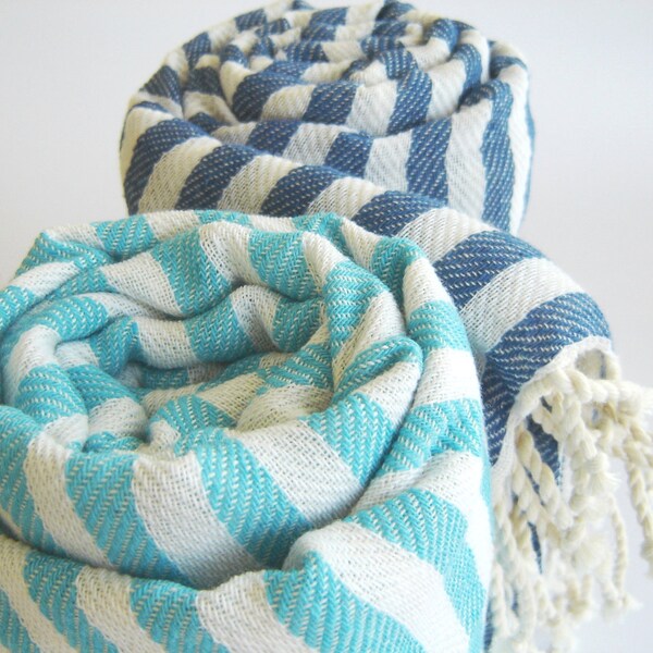 SALE Set of 2 Turkish Bath Towel: Handwoven Peshtemal, Bath, Beach, Spa Towel, Aqua and Blue