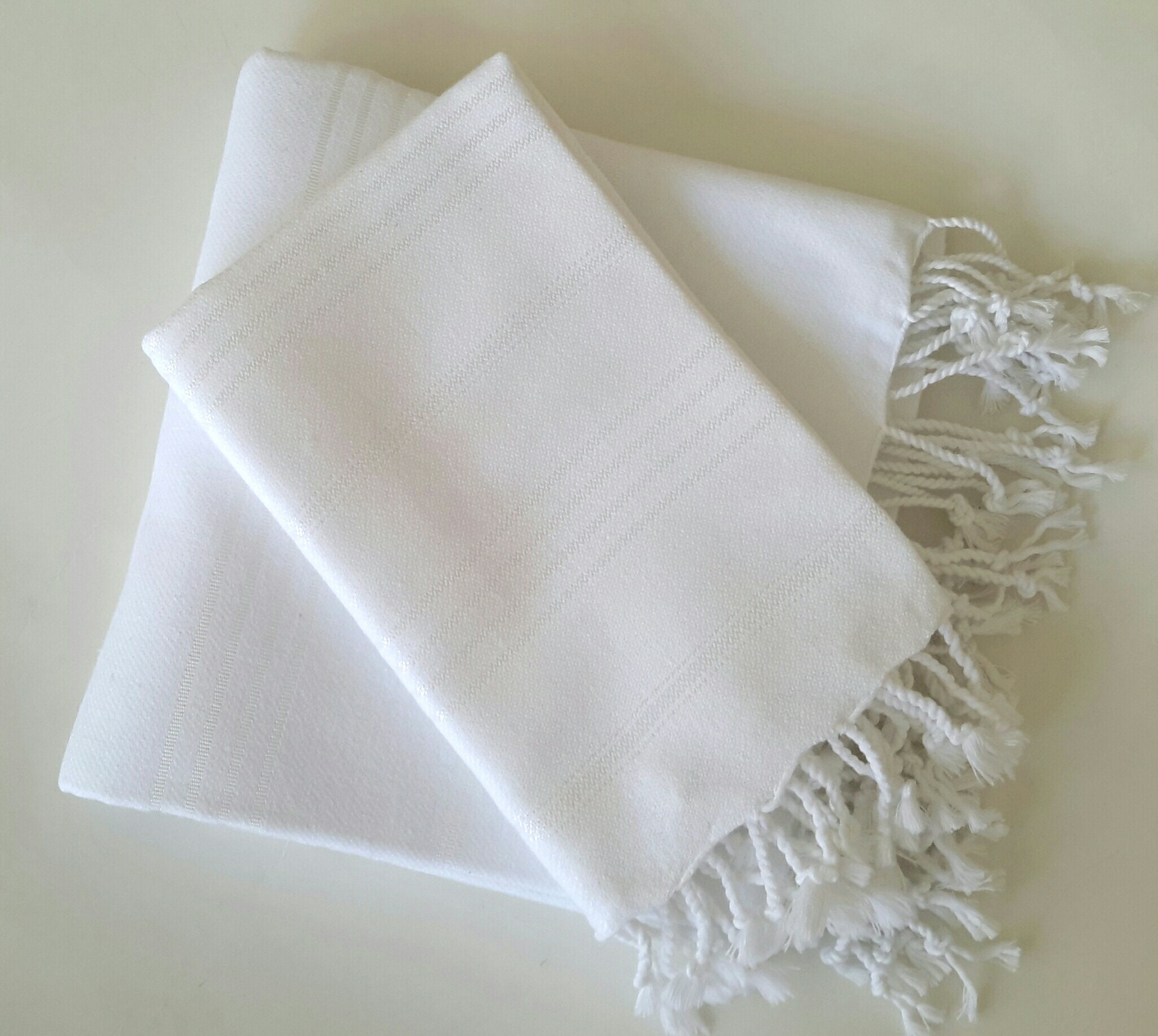 White Turkish Cotton Bath and Head Towel Set: Handwoven Peshtemal & Peshkir, Elegant Gift