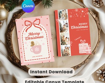 Pode incluir: Dois modelos de cartões de Natal. Um é rosa com um laço, as palavras "Merry Christmas" e uma xícara de cacau. O outro é vermelho com fotos de família e as palavras "Merry Christmas". Ambos os cartões dizem "Love, The Smiths".