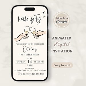 Minimalist Hello Fourty  Champagne Animated Invitation, 40th Birthday E-Invite, Editable Canva Digital Invite